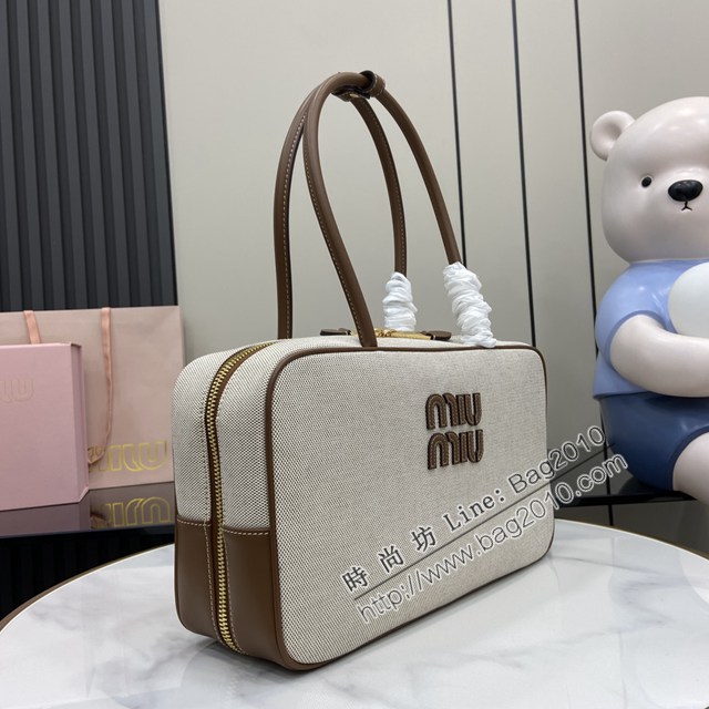 MIU MIU專櫃繆繆最新款原廠帆布配焦糖棕色公事包 jh2663型號：5BB172